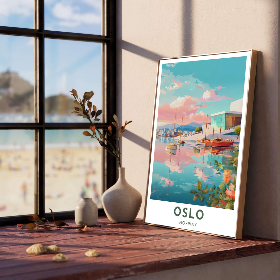 Pastel city poster illustrating the iconic Oslo Opera House in Norway surrounded by calm waters, sailboats, and a glowing sky. Upgrade your room decor with options ranging from unframed archival paper prints to sturdy custom wood frames and textured gallery canvas setups.