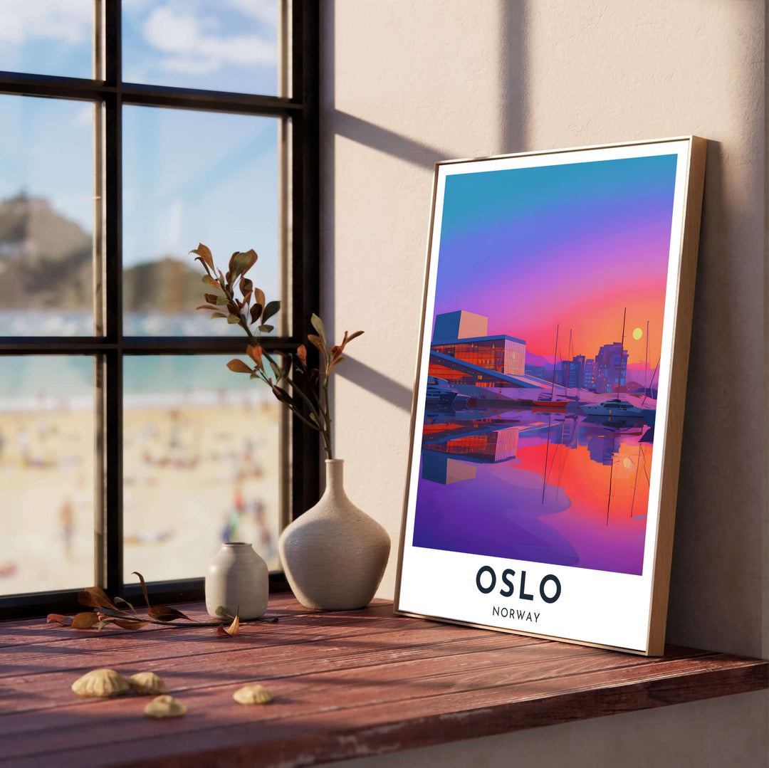 Modern vector architectural poster showing the Oslo Opera House waterfront and Oslofjord harbor in striking purple, orange, and blue sunset hues. Created by MapYourDreams, this travel artwork is offered as an unframed fine art paper print, custom wooden framed setup, or floating canvas wall display.