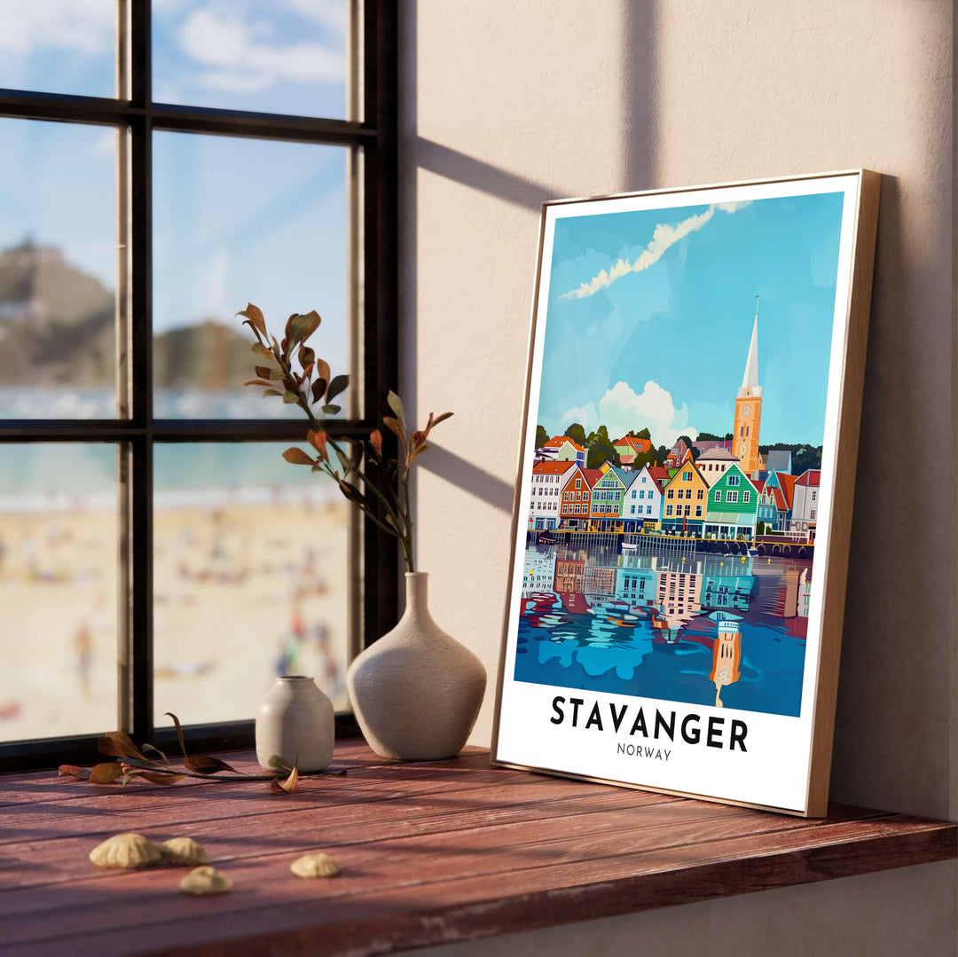 Vibrant vector architecture artwork featuring the harbor line of Stavanger Norway with traditional wooden buildings and smooth water reflections. Created by MapYourDreams, this travel artwork is offered as an unframed fine art paper print, custom wooden framed setup, or floating canvas wall display.
