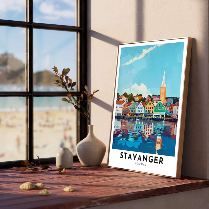 Vibrant vector architecture artwork featuring the harbor line of Stavanger Norway with traditional wooden buildings and smooth water reflections. Created by MapYourDreams, this travel artwork is offered as an unframed fine art paper print, custom wooden framed setup, or floating canvas wall display.