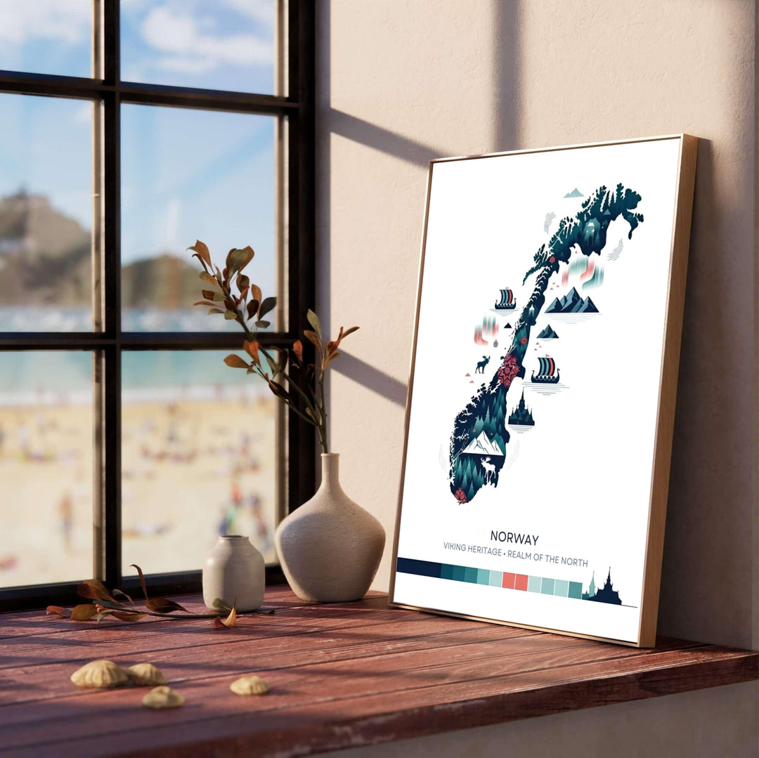 Graphic Nordic folklore travel poster depicting the country outline of Norway filled with mountain peaks, forest trees, and folk art floral patterns. Upgrade your room decor with options ranging from unframed archival paper prints to sturdy custom wood frames and textured gallery canvas setups.