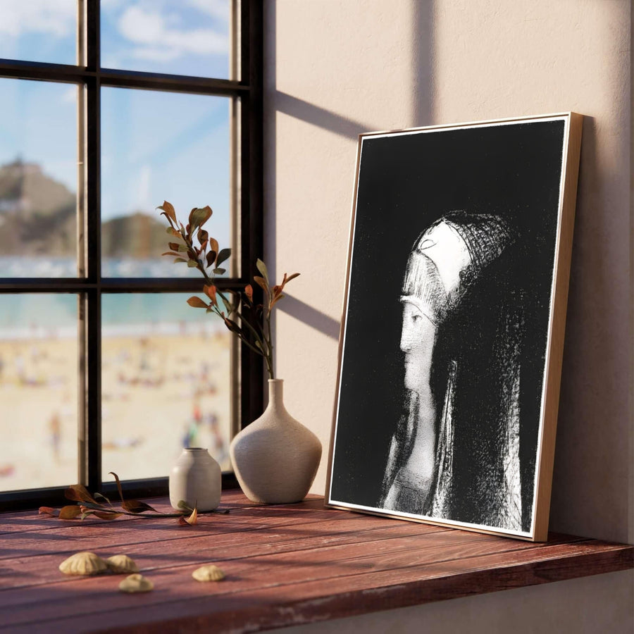 Historical Symbolist lithograph depicting Odilon Redon’s 1891 Druidesse profile adorned with intricate headwear. Designed to enrich classical or modern gallery walls, MapYourDreams offers flexible ordering selections like unmounted paper stock, custom frames, and canvas wraps.