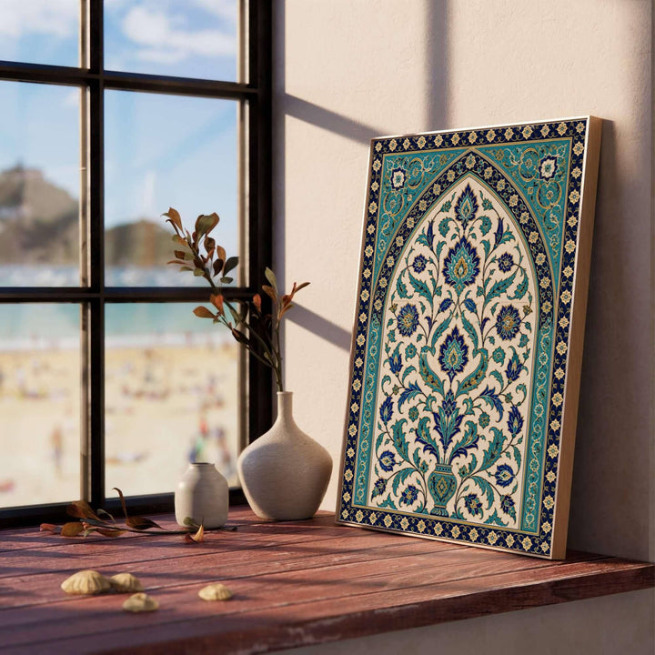 Vibrant turquoise and cobalt blue wall art print of a 16th-century Ottoman ceramic tile panel from Istanbul Turkey. Designed by MapYourDreams, this artwork is available in flexible options including unframed paper, custom wooden frames, and gallery canvas wraps for home wall art.