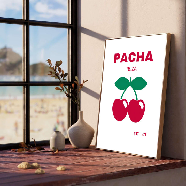 Pop art cherry print showcasing iconic nightclub logo design on clean white backdrop for Pacha in Ibiza, Spain, provided by MapYourDreams where buyers can select an unframed poster, gallery wrapped canvas print, or custom framed wall art for dining and lounge areas.