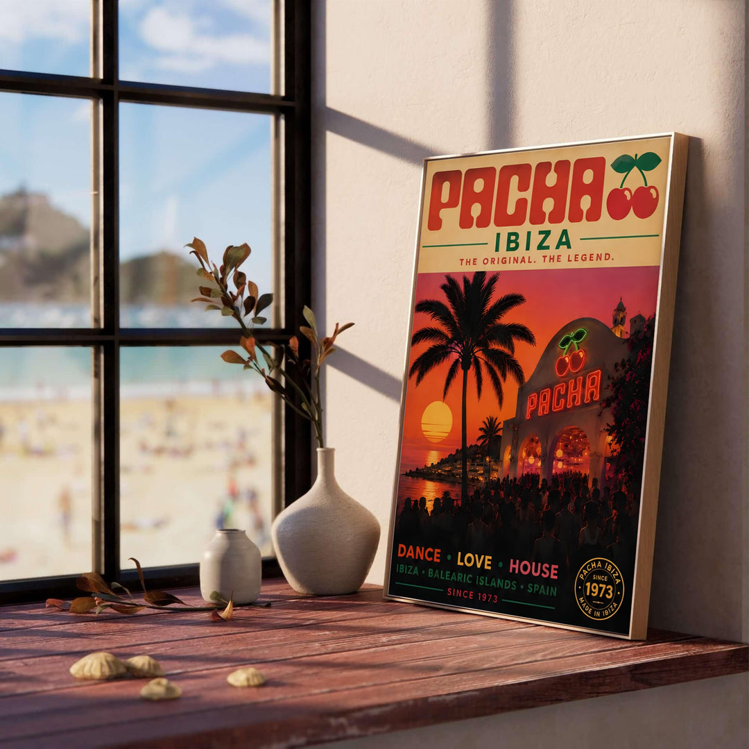 Retro dance love house music poster depicting the legendary Pacha club in Ibiza, Spain during golden hour with ocean waters, provided by MapYourDreams with options for an unframed poster print, cotton blend gallery canvas, or stylish framed art print setup for living rooms.