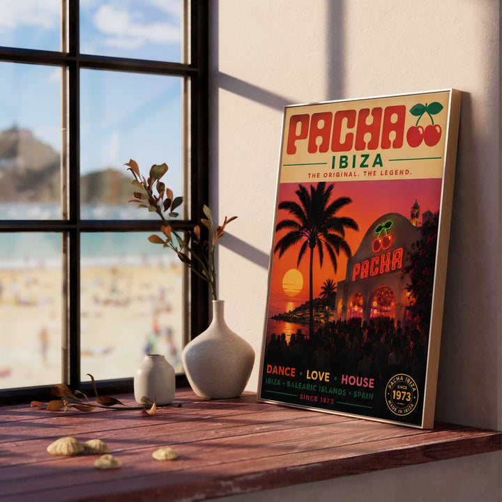 Retro dance love house music poster depicting the legendary Pacha club in Ibiza, Spain during golden hour with ocean waters, provided by MapYourDreams with options for an unframed poster print, cotton blend gallery canvas, or stylish framed art print setup for living rooms.