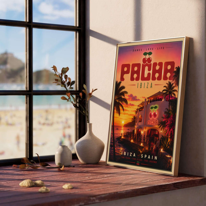 Balearic sunset travel art print featuring the multi-tiered Pacha club building in Ibiza with text reading Dance Love Life, supplied by MapYourDreams with selection options for an unframed poster, gallery stretched canvas, or custom framed print decor for modern home bars.