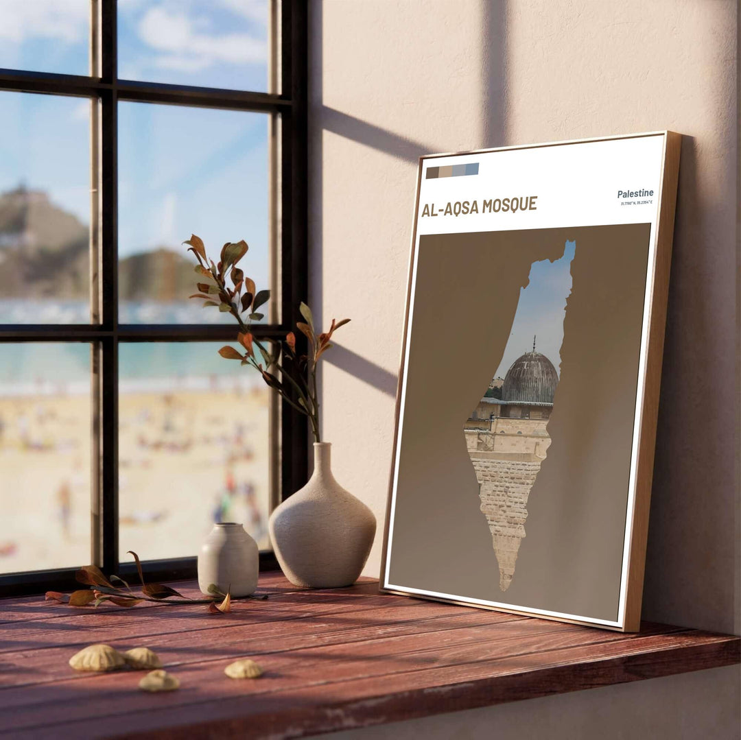 Earth tone taupe and sandstone beige wall art print of Palestine map silhouette filled with photo of Jerusalem Al Aqsa Mosque compound. Designed by MapYourDreams, this artwork is available in flexible options including unframed paper, custom wooden frames, and gallery canvas wraps for home wall art.