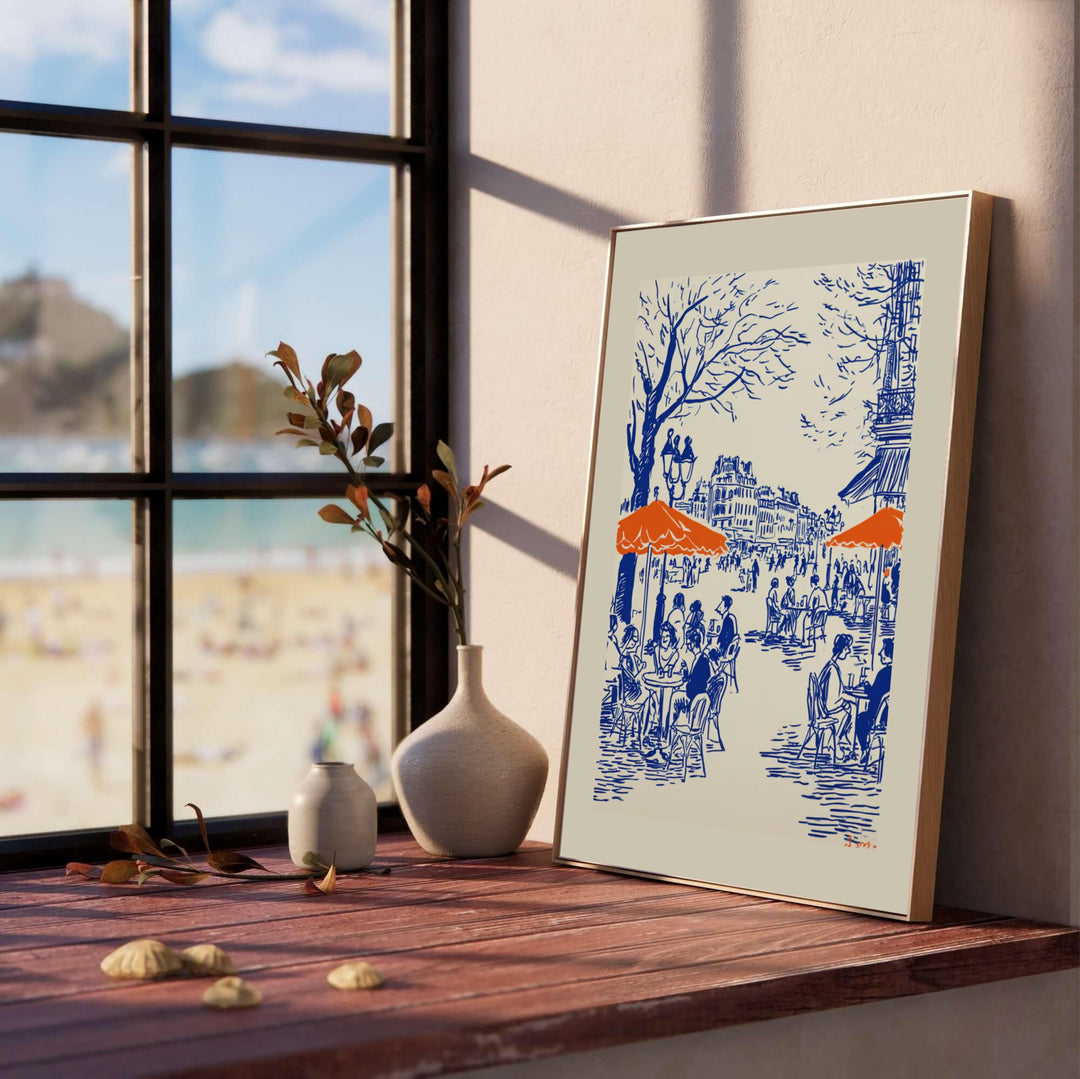Navy blue and orange line drawing art print of a Parisian boulevard terrace in Paris France. MapYourDreams offers custom fine art framed, unframed, and canvas print formats for stylish rooms.