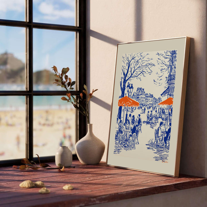 Navy blue and orange line drawing art print of a Parisian boulevard terrace in Paris France. MapYourDreams offers custom fine art framed, unframed, and canvas print formats for stylish rooms.