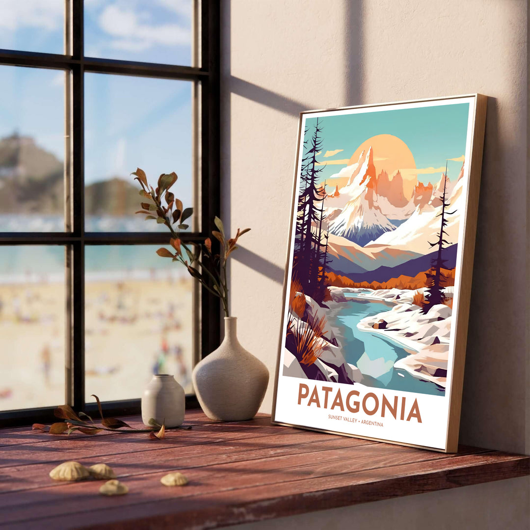 Set against a radiant sunset sky, this Patagonia Mountain wall art displays the rugged beauty of South American peaks with contrasting terracotta and turquoise tones, crafted by MapYourDreams in paper, framed, and canvas choices.