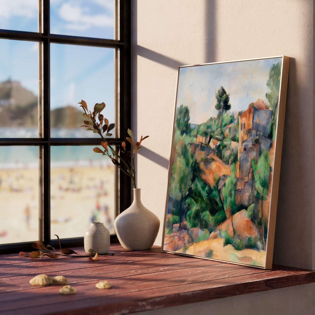 Sun-drenched geological rock wall decor poster of Paul Cezanne Bibemus Quarry 1895 painted in Aix-en-Provence France featuring golden ochre rocks and green foliage. MapYourDreams offers elegant framed prints, unframed paper posters, and stretched canvas art prints for earth-toned room layouts.