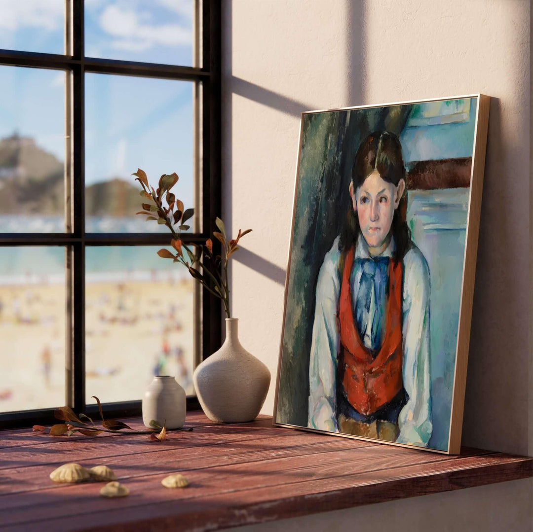 Expressive portrait wall decor poster of Paul Cezanne Boy In A Red Vest 1888 painted in Paris France featuring rich red waistcoat colors and dramatic lighting. MapYourDreams offers elegant framed prints, unframed paper posters, and stretched canvas art prints for elegant study room layouts.