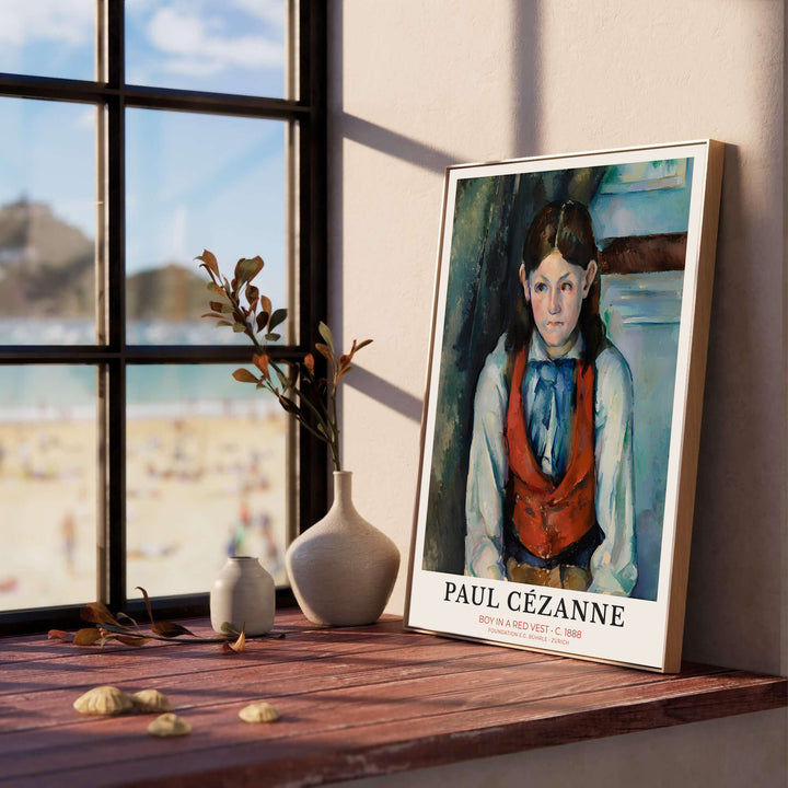 Impressionist museum poster print of Paul Cezanne Boy In Red Vest 1888 showcasing balanced color contrast in Paris France. MapYourDreams features high-quality framed wall decor, unframed prints, and stretched canvas options ideal for classic living room wall decoration.