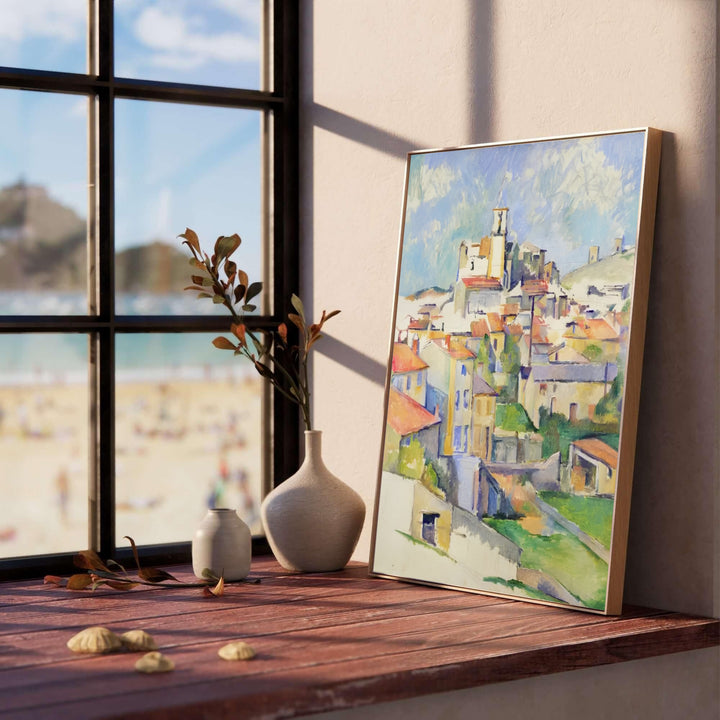 Impressionist hilltop village poster print of Paul Cezanne Gardanne 1885 showcasing bright blue skies in Gardanne France. MapYourDreams features high-quality framed wall decor, unframed prints, and stretched canvas options ideal for modern living room wall decoration.