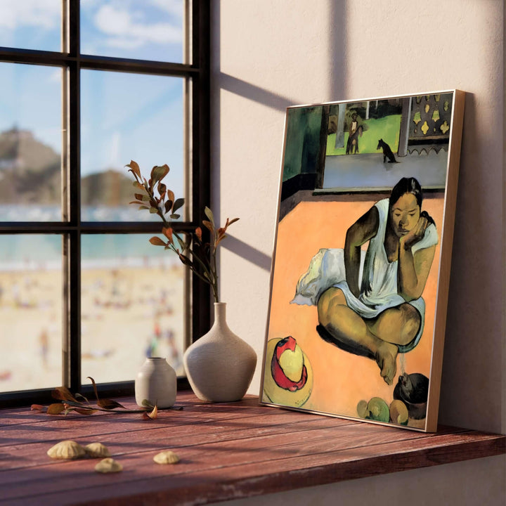 Classical Tahitian portrait print of Paul Gauguin Brooding Woman Te Faaturuma 1891 capturing a thoughtful seated woman in Tahiti French Polynesia. Select custom framed wall art, unframed paper poster prints, or gallery canvas formats at MapYourDreams for a cohesive fine art display.