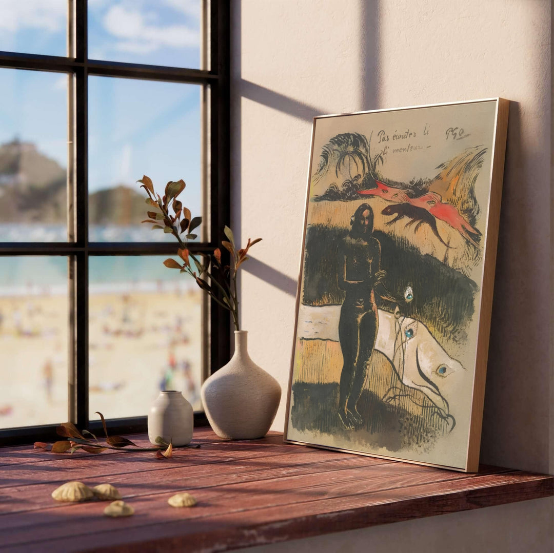 Rare woodblock poster of Paul Gauguin Delightful Land Nave Nave Fenua 1894 showing intricate carved lines from Tahiti, French Polynesia. MapYourDreams offers elegant framed prints, unframed paper posters, and stretched canvas art prints for moody, dramatic home office spaces.