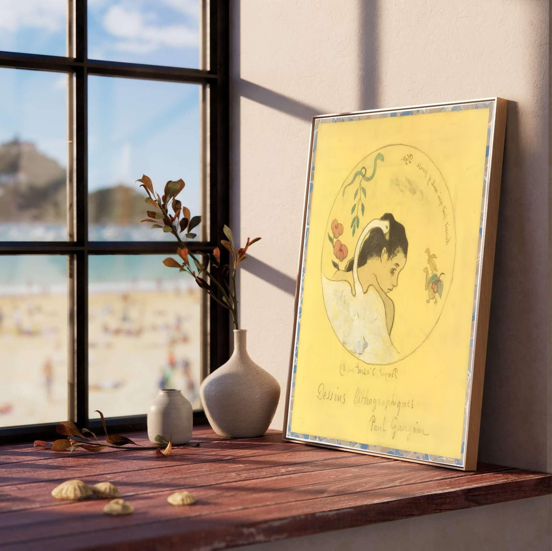 Vintage Volpini Suite poster of Paul Gauguin Design For A Plate 1889 showing a yellow background and French calligraphy from Brittany, France. MapYourDreams offers elegant framed prints, unframed paper posters, and stretched canvas art prints for modern dining spaces.