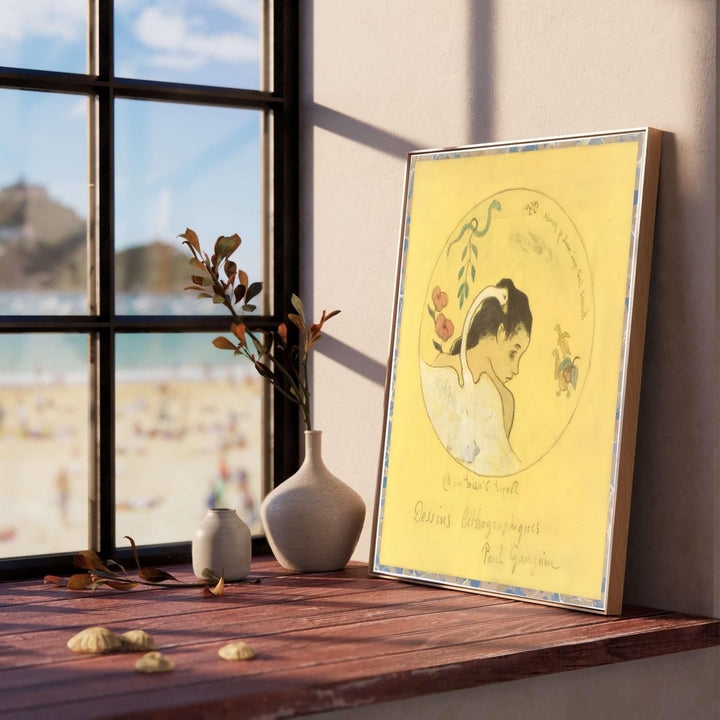 Vintage Volpini Suite poster of Paul Gauguin Design For A Plate 1889 showing a yellow background and French calligraphy from Brittany, France. MapYourDreams offers elegant framed prints, unframed paper posters, and stretched canvas art prints for modern dining spaces.