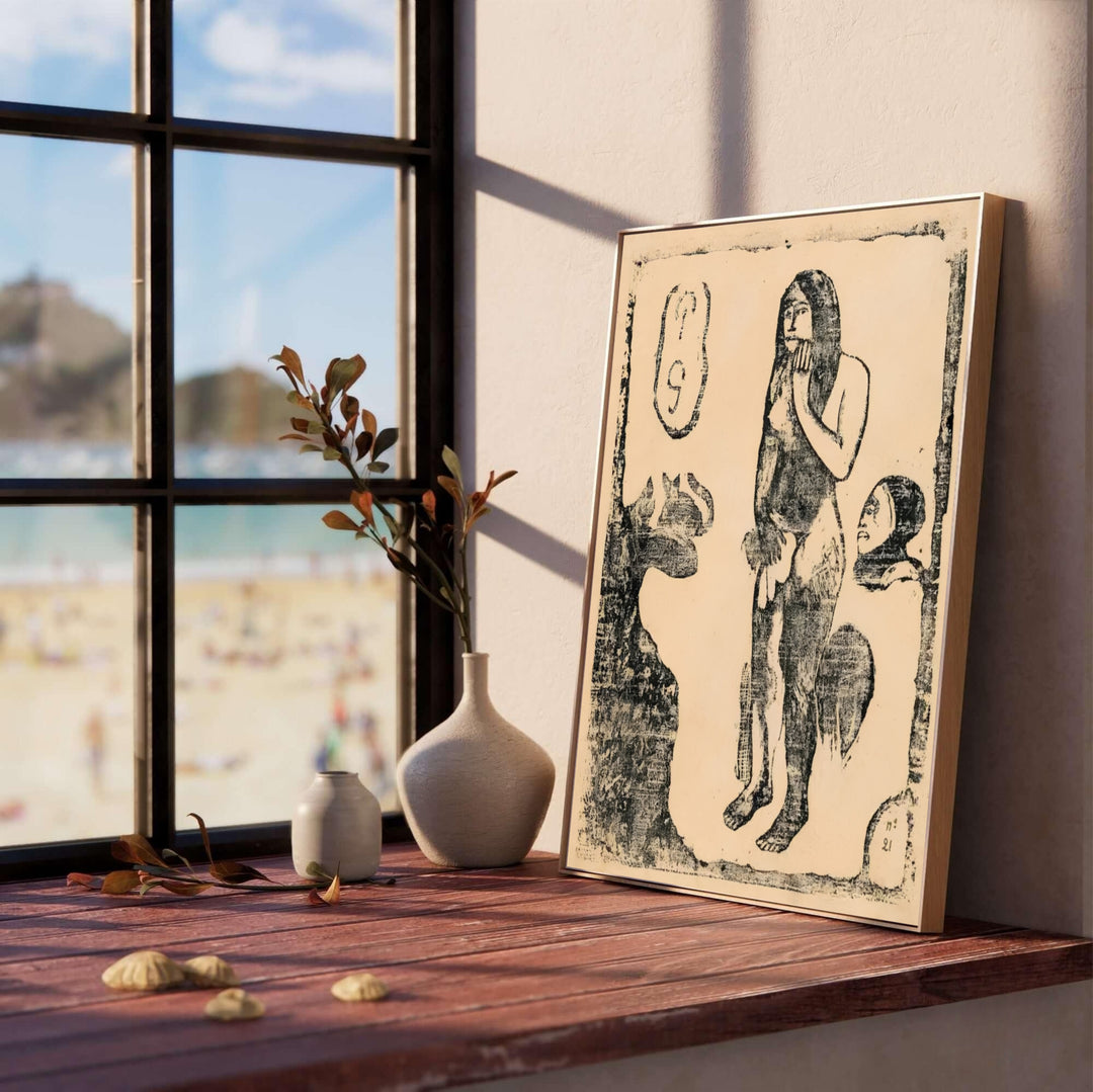 Rare relief poster of Paul Gauguin Eve Suite Of Late Woodblocks 1898 showing dark carved textures from Tahiti, French Polynesia. MapYourDreams offers elegant framed prints, unframed paper posters, and stretched canvas art prints for moody, intellectual home office spaces.