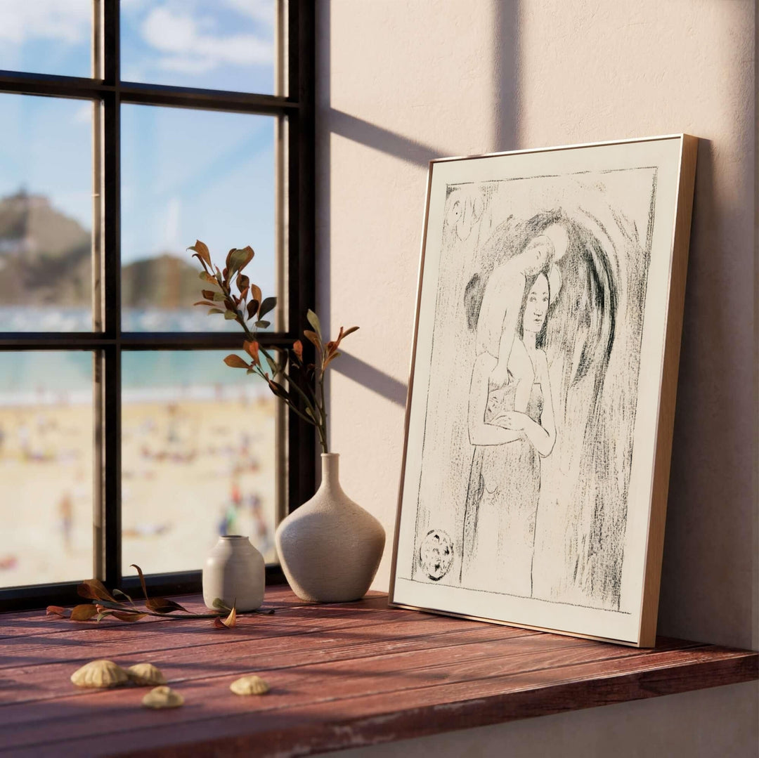 Sacred Post-Impressionist poster of Paul Gauguin Hail Mary Ia Orana Maria 1895 showing delicate crayon lithography from Tahiti, French Polynesia. MapYourDreams offers elegant framed prints, unframed paper posters, and stretched canvas art prints for minimalist living room setups.