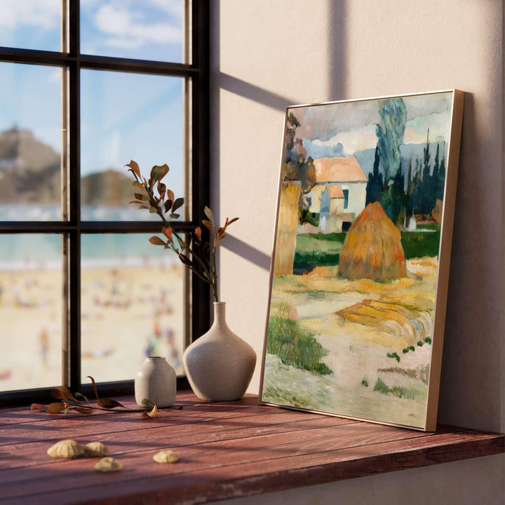 French countryside scene poster of Paul Gauguin Landscape Near Arles 1888 displaying tall cypress trees in Arles, Provence, France. MapYourDreams offers elegant framed prints, unframed paper posters, and stretched canvas art prints for rustic farmhouse dining room wall decor arrangements.