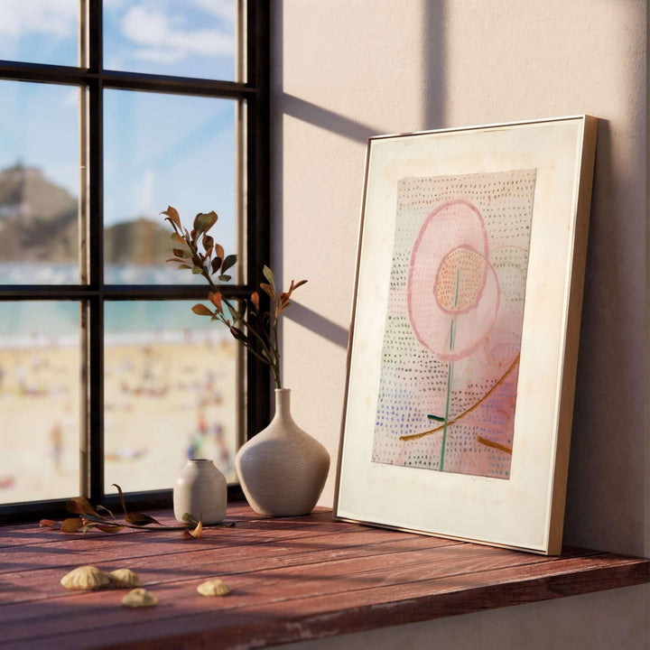 Capturing the quiet poetry of natural blossoming against an atmospheric backdrop, this timeless Paul Klee Blossoming (Blühend) 1934 decor showcases whimsical plant motifs and soothing color harmonies. Offered by MapYourDreams, this artwork is available in flexible options including unframed paper, custom wooden frames, and gallery canvas wraps.