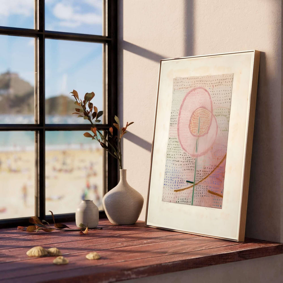 Capturing the quiet poetry of natural blossoming against an atmospheric backdrop, this timeless Paul Klee Blossoming (Blühend) 1934 decor showcases whimsical plant motifs and soothing color harmonies. Offered by MapYourDreams, this artwork is available in flexible options including unframed paper, custom wooden frames, and gallery canvas wraps.