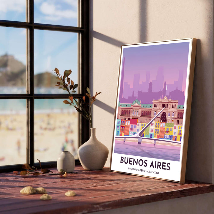 Set against a serene orchid pink and lilac sky, this Puerto Madero wall decor illustrates the modern elegance of Argentine architecture, meticulously crafted by MapYourDreams in fine paper, solid wood framing, and floating canvas choices.