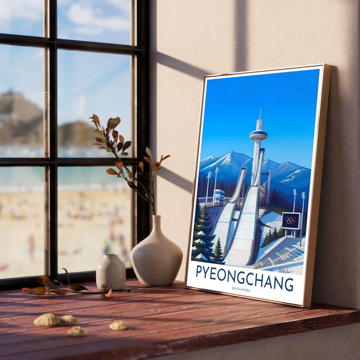 Atmospheric South Korea mountain poster depicting the snowy slopes and stadium lights of the Alpensia Ski Jump Centre in Pyeongchang under a vibrant azure sky. Offered by MapYourDreams, this artwork is available in flexible options including unframed paper, custom wooden frames, and gallery canvas wraps.