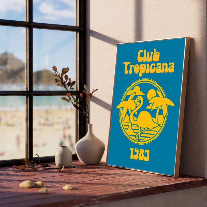 Vibrant 1983 music venue poster showcasing a yellow flamingo and tropical palm tree emblem in Spain, crafted by MapYourDreams in choices including an unframed art print, cotton blend stretched canvas, or custom framed wall art setup for music corners and studio rooms.