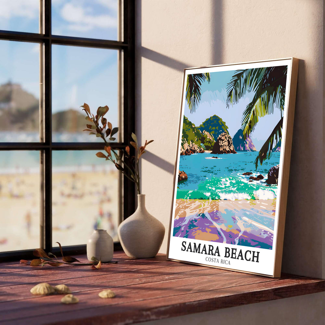 A scenic Guanacaste beach view featuring coconut palms over Samara Beach and Isla Chora marks this poster. Discover custom framed, unframed, and canvas print options at MapYourDreams.