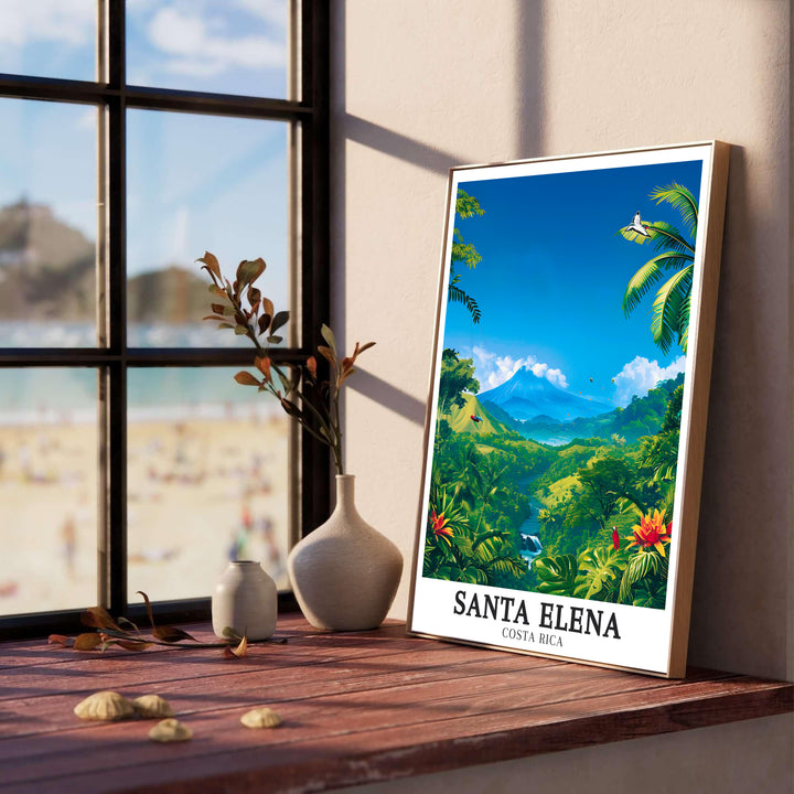 Winding river streams cut through the green jungle of Santa Elena Cloud forest under a clear blue sky on this poster. Discover custom framed, unframed, and canvas print options at MapYourDreams.