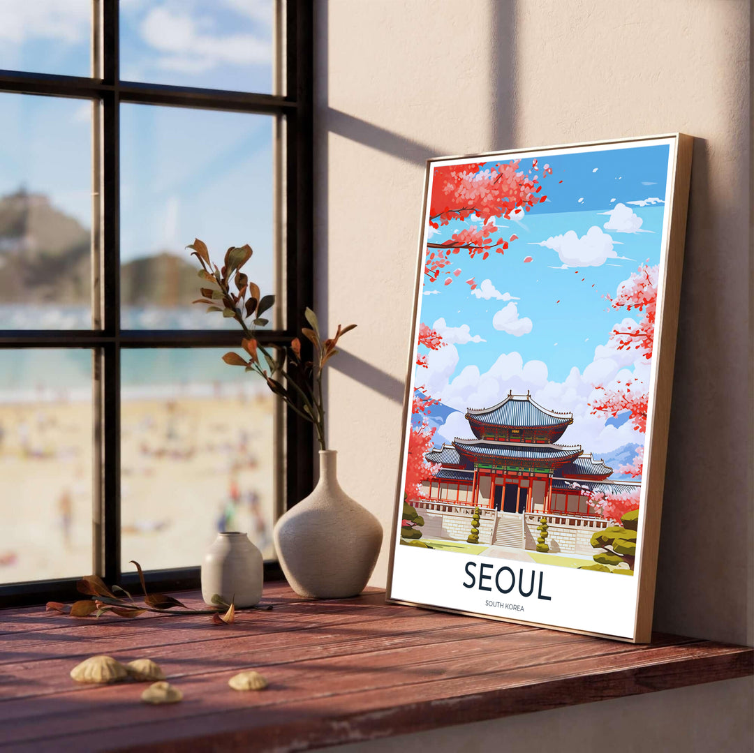 Atmospheric South Korea travel print presenting Gyeongbokgung Palace in Seoul, surrounded by delicate pink cherry blossom trees and distant mountain ridges under a pristine blue spring sky. Offered by MapYourDreams, this artwork is available in flexible options including unframed paper, custom wooden frames, and gallery canvas wraps.