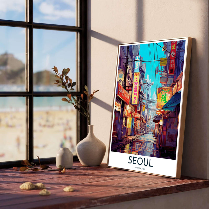 Atmospheric South Korea travel print presenting a rain-kissed side street in Seoul, framed by warm glowing food stalls, vibrant neon shop signs, and intricate webbed power lines against a bright cyan sky. Offered by MapYourDreams, this artwork is available in flexible options including unframed paper, custom wooden frames, and gallery canvas wraps.