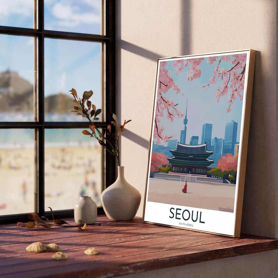 Atmospheric South Korea poster depicting a woman in red Hanbok walking toward Gyeongbokgung Palace in Seoul, with N Seoul Tower and modern city high-rises rising beyond spring cherry blossoms. Offered by MapYourDreams, this artwork is available in flexible options including unframed paper, custom wooden frames, and gallery canvas wraps.