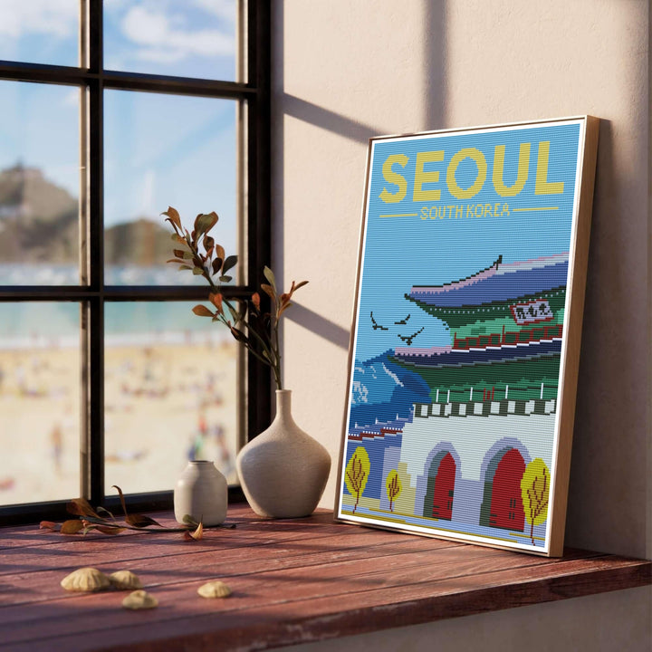 Detailed embroidered style art poster depicting traditional Korean royal architecture at Gwanghwamun Gate in Seoul, South Korea, complete with multi-tiered green and purple rooflines and flying birds. Offered by MapYourDreams, this artwork is available in flexible options including unframed paper, custom wooden frames, and gallery canvas wraps.