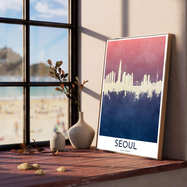 Aesthetic watercolor city skyline wall decor highlighting Lotte World Tower, traditional Korean pavilion eaves, and N Seoul Tower on a rose pink and dark blue gradient background. Offered by MapYourDreams, this artwork is available in flexible options including unframed paper, custom wooden frames, and gallery canvas wraps.
