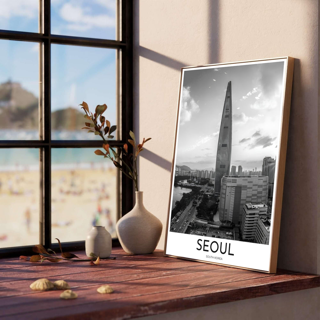 Panoramic black and white photography wall art displaying the grand cityscape of Seoul South Korea under cloudy skies, created by MapYourDreams across options like archival unframed prints, solid frames, and canvas wraps that make a bold, sophisticated focal point in any room setting.