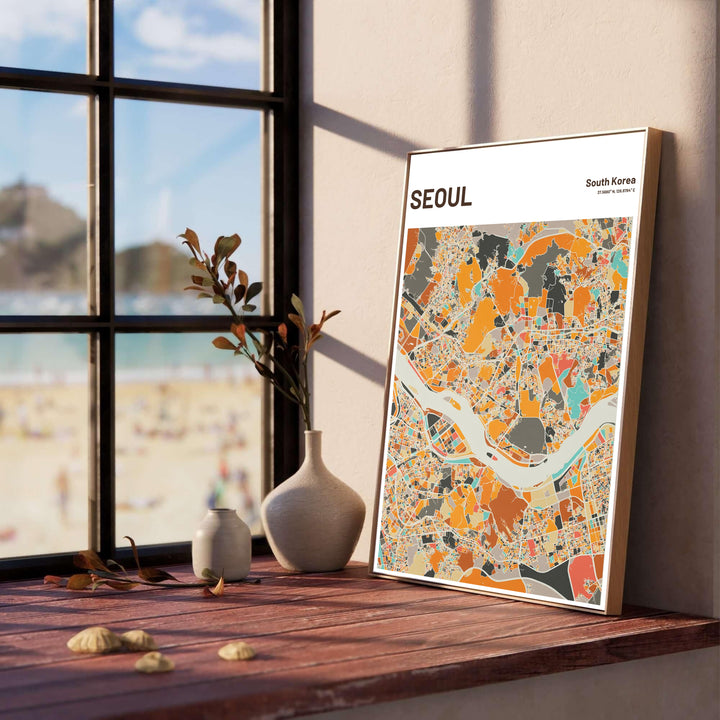 Warm minimalist cartography poster displaying the urban streets and coordinates of Seoul, South Korea, crafted by MapYourDreams in versatile forms including unframed matte paper, wooden frames, and gallery canvas formats engineered for high durability and rich color fidelity.