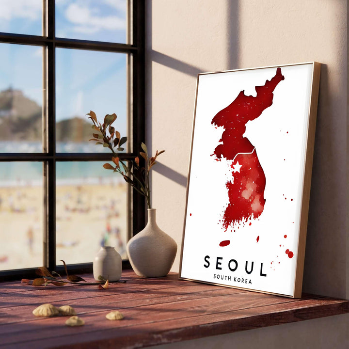 Elegant red watercolor silhouette geographic print showing the location of Seoul in South Korea, created by MapYourDreams across options like archival unframed prints, solid frames, and canvas wraps that bring bold artistic energy to any bedroom or hallway gallery wall.