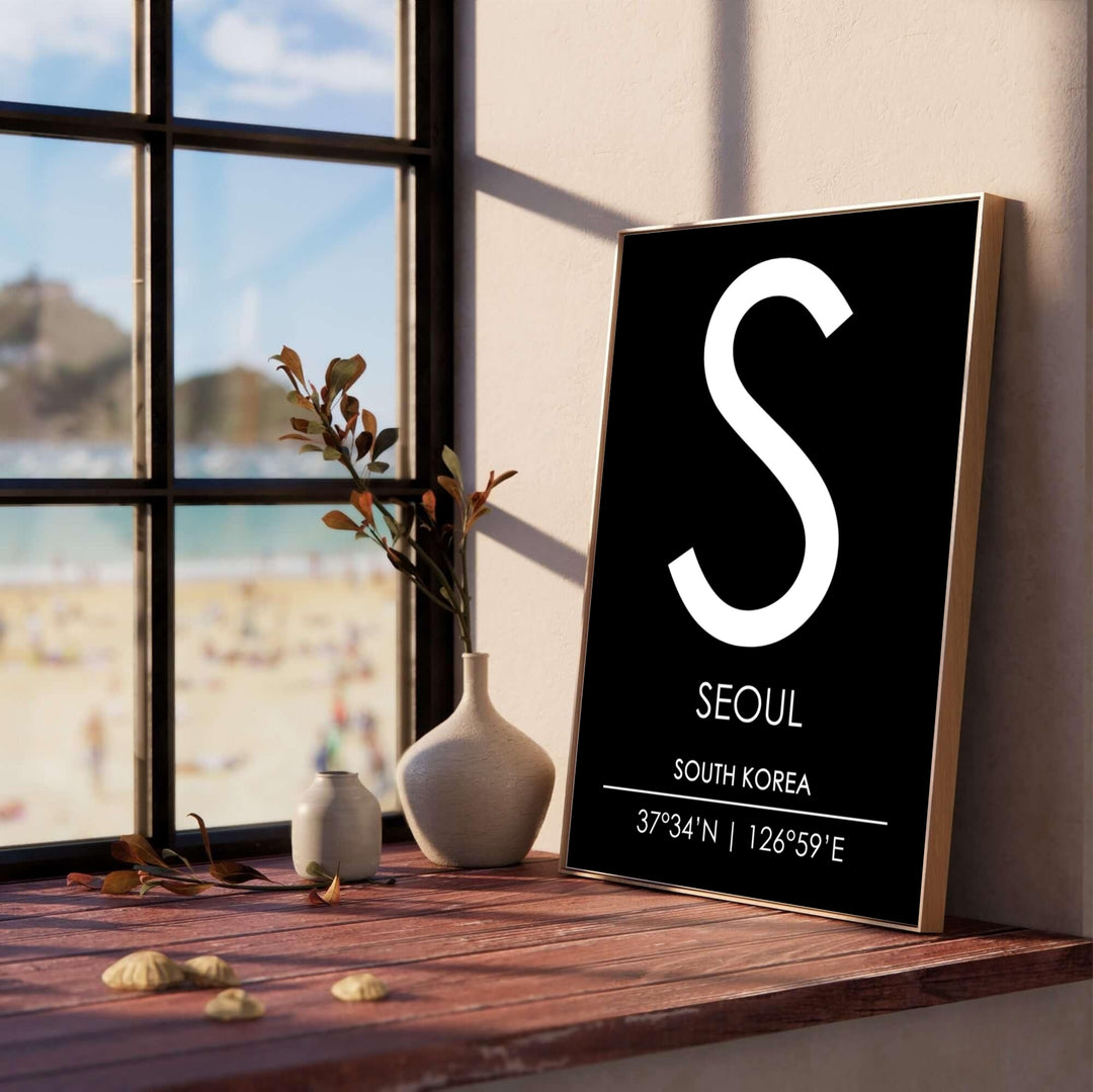 Elegant black background seoul letter S monogram poster detailing latitude and longitude coordinates, supplied by MapYourDreams in versatile choices including archival unframed prints, solid frames, and canvas wraps that bring sophisticated graphic style to any hallway gallery wall.