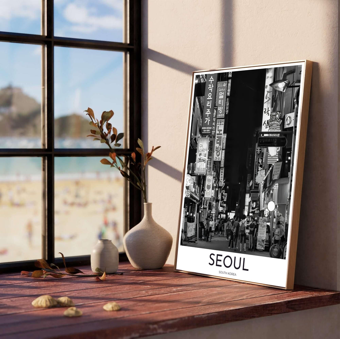 Noir style night street wall art showcasing a crowded alley and glowing signs across Seoul South Korea, created by MapYourDreams across options like archival unframed prints, solid frames, and canvas wraps that bring edgy metropolitan charm to any gallery wall.