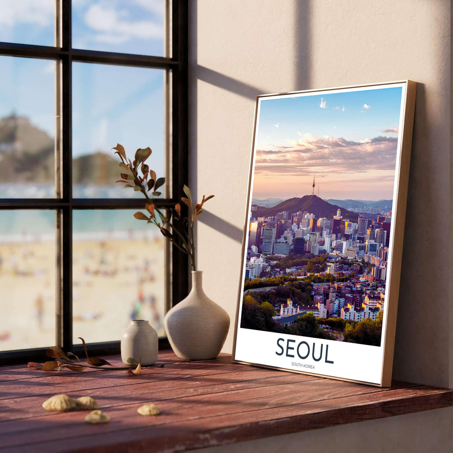 Atmospheric urban sunset photography print showing an elevated view of Seoul South Korea bathed in warm evening light, crafted by MapYourDreams in versatile forms including unframed matte paper, wooden frames, and gallery canvas formats engineered for high durability and rich color.