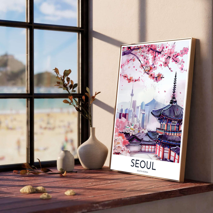 Atmospheric floral watercolor print showing historic Korean gabled roofs beneath pink cherry blossoms in Seoul South Korea, crafted by MapYourDreams in versatile forms including unframed matte paper, wooden frames, and gallery canvas formats engineered for high durability and rich color.