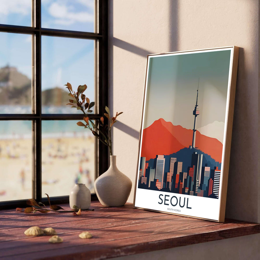 Minimalist travel wall art showcasing the iconic spire of N Seoul Tower above rust-red mountain slopes and city skyscrapers, created by MapYourDreams across options like archival unframed prints, solid frames, and canvas wraps that bring retro Asian charm to any gallery wall.