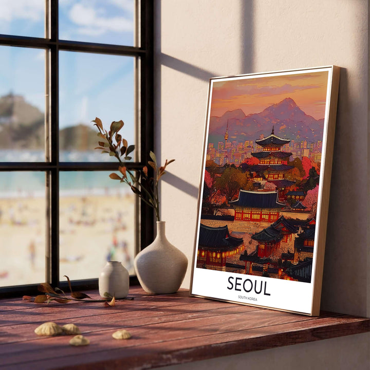 Scenic twilight travel wall art showcasing glowing palace roofs, autumnal trees, and distant city high-rises under a lavender sky, created by MapYourDreams across options like archival unframed prints, solid frames, and canvas wraps that bring warm oriental charm to any gallery wall.