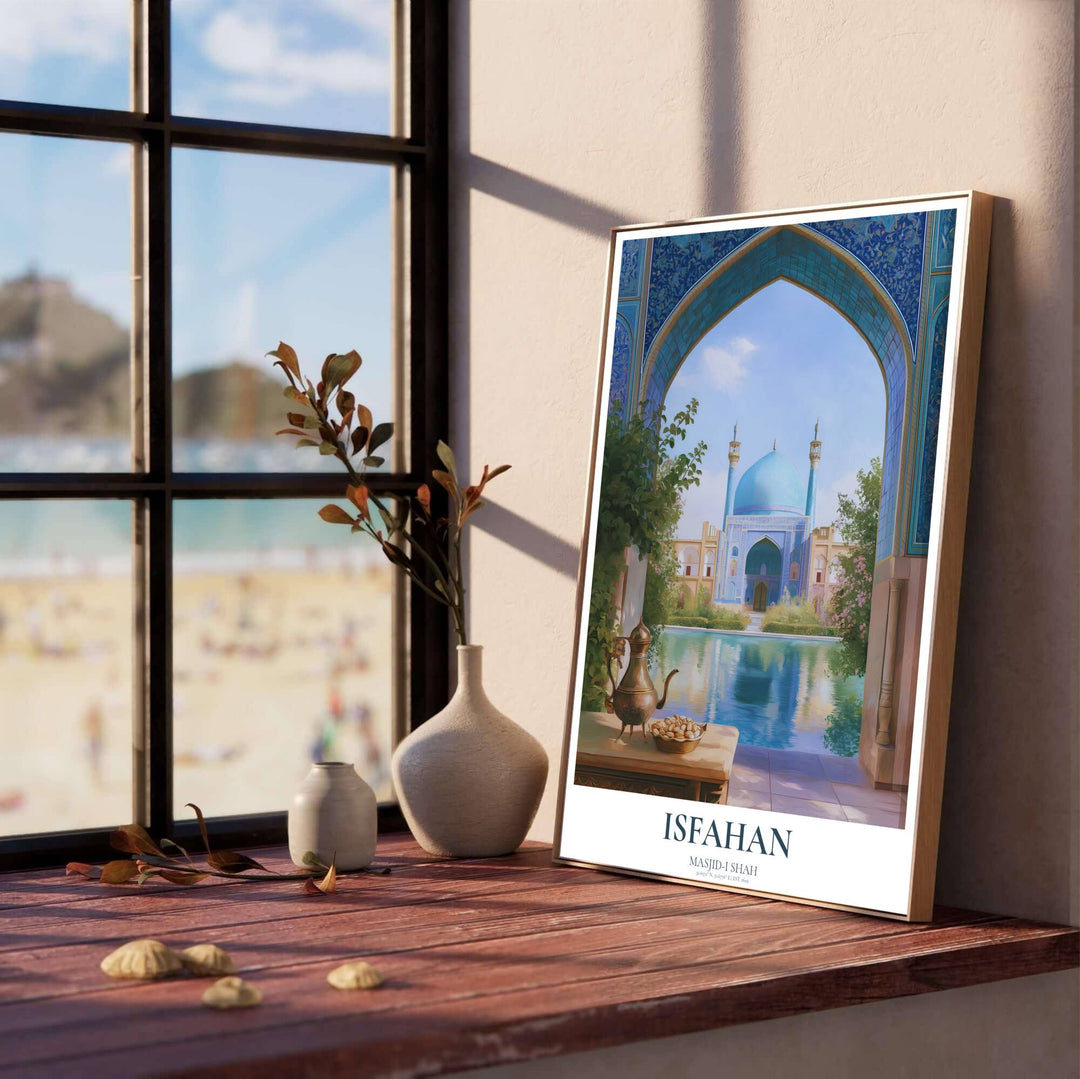 Vibrant turquoise and cobalt blue travel wall art print of the Shah Mosque in Isfahan Iran set against a soft sky with water reflections. Designed by MapYourDreams, this artwork is available in flexible options including unframed paper, custom wooden frames, and gallery canvas wraps for home wall art.