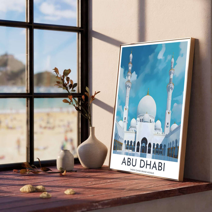 Vibrant cerulean blue and marble white travel wall art print of Sheikh Zayed Grand Mosque in the United Arab Emirates under bright daytime skies. Designed by MapYourDreams, this artwork is available in flexible options including unframed paper, custom wooden frames, and gallery canvas wraps for home wall art.