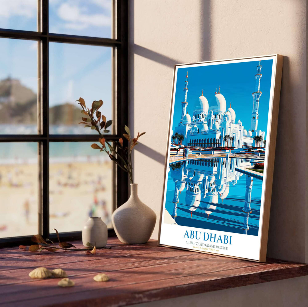 Vibrant cerulean blue and white travel wall art print of Sheikh Zayed Grand Mosque in the United Arab Emirates featuring a crystal clear pool reflection. Designed by MapYourDreams, this artwork is available in flexible options including unframed paper, custom wooden frames, and gallery canvas wraps for home wall art.